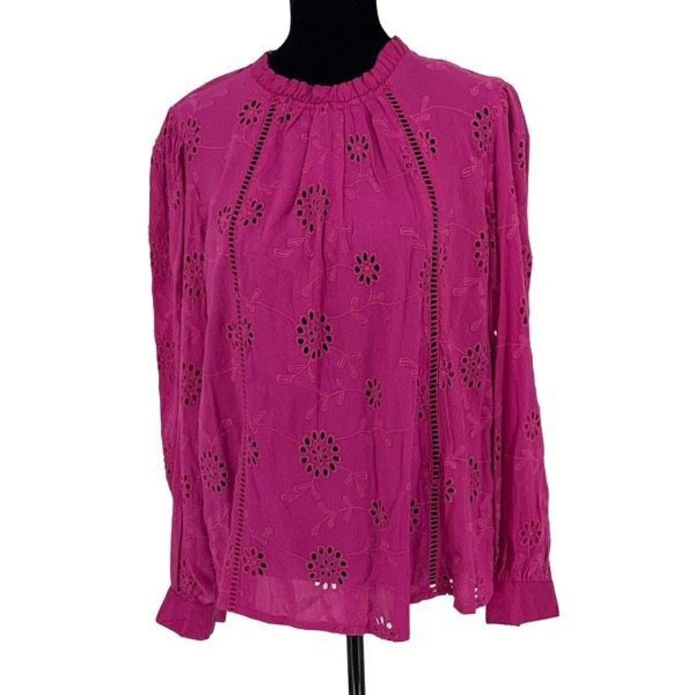 Nicole Miller Womens Artelier Long‎ Sleeve Blouse Embroidered Eyelet Pink Large
